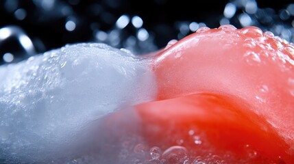 Fototapeta premium Close-up of a red and white object submerged in water and soap suds