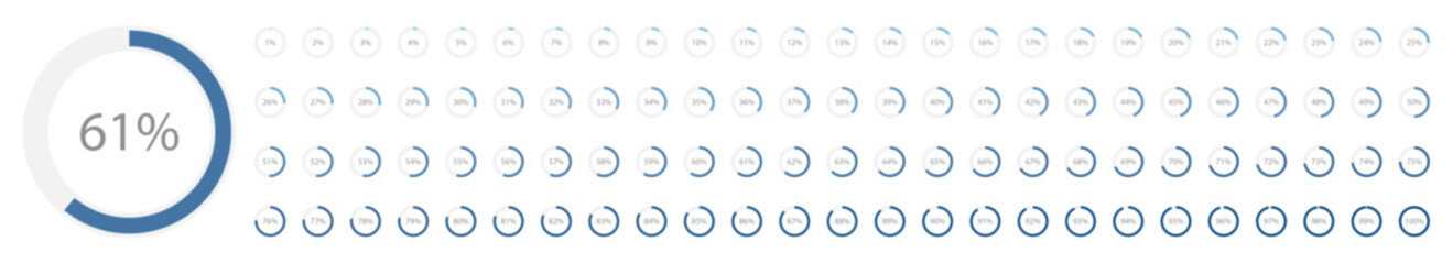 Set of blue gradient color infographic pie charts, segment of circle icons 0% - 100%, simple flat design loading data interface elements app button ui ux web, vector isolated on white background