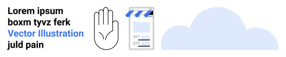 Hand gesture for restriction or interaction, storefront for e-commerce, and cloud for online storage. Ideal for digital marketing, e-commerce, technology, cloud services, user interaction