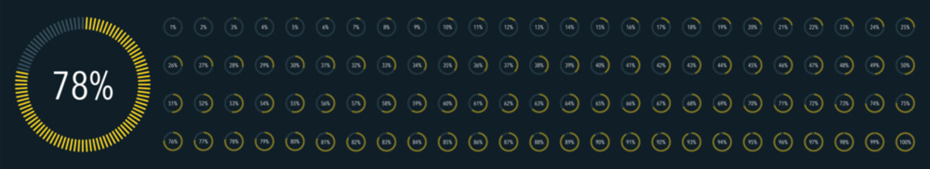 Set of round yellow infographic pie charts, segment of circle icons 0% - 100%, simple flat design loading data interface elements app button ui ux web, vector isolated on dark background
