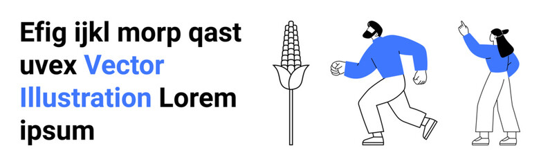Corn plant in center with two people gesturing dynamically, casual text beside. Ideal for agriculture, teamwork, technology, organic farming, education, harvest festivals, simple landing page