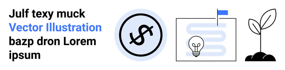 Dollar sign icon, light bulb over roadmap, sprouting plant. Ideal for finance, innovation, growth, planning, business strategy, entrepreneurship simple landing page