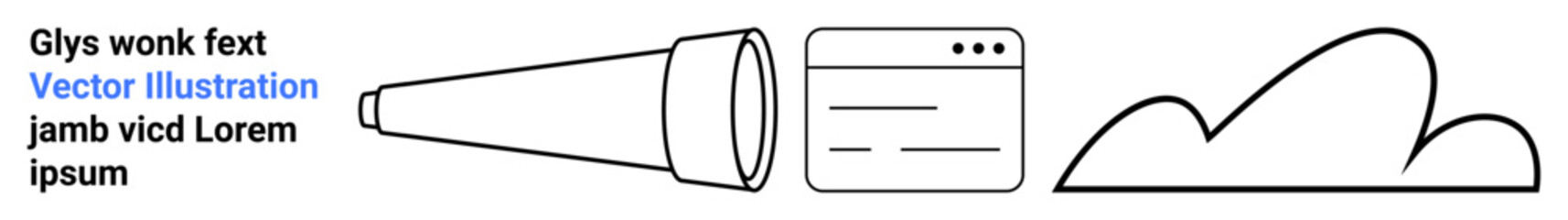 Telescope, web browser window, and cloud illustration symbolizing exploration, innovation, search, online connectivity, data storage, futuristic themes, and simple landing page