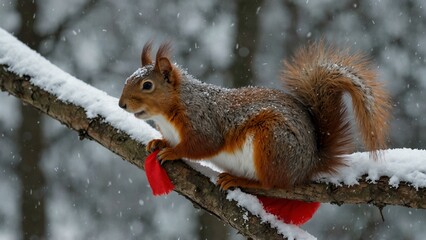A fluffy squirrel with a red scarf, sitting on a tree branch in the snow.