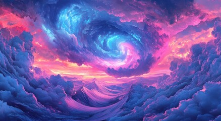 A swirling celestial nebula illuminates a vibrant colorful landscape below