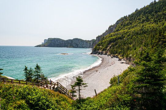 Parc national de ForillonStunning coastal landscape in Gasp&eacute;sie, Quebec, featuring turquoise waters, a rocky beach, lush green cliffs, and a wooden staircase leading to the shore. A breathtaking natur