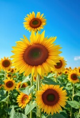Obraz premium Vast field of sunflowers under a vibrant blue sky, texture, sunshine