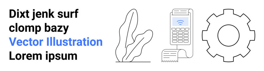 Wireless payment terminal printing receipt, cogwheel, and decorative plant. Ideal for fintech, innovation, process optimization, digital tools, business solutions, technology simple landing page