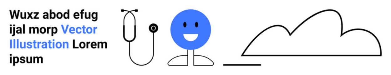 Blue happy face, stethoscope, minimal cloud, and placeholder text highlight concepts of health, positivity, simplicity, and communication. Ideal for healthcare, wellness education creativity
