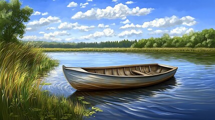 Obraz premium Peaceful lake scene with a lone boat. Tranquil waters, lush vegetation, and a beautiful sky