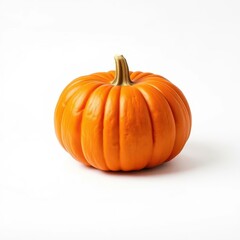 A perfectly round, vibrant orange pumpkin sits on a clean white background, gourd, white background