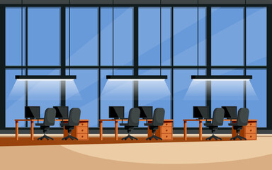 cartoon coworking office interior in loft style, vector illustration