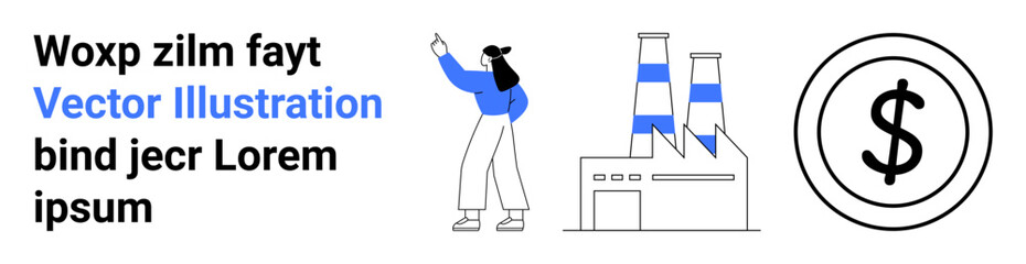 Woman pointing upwards near factory and dollar sign. Ideal for economy, industry, finance, investments, sustainability, industrial processes, business strategies, simple landing page
