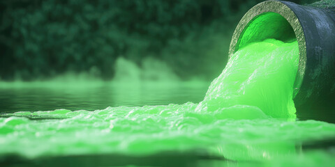 Bright green acidic fluorescent toxic chemical waste pours out of the pipe into the clear water of a natural body of water. Contamination of freshwater with toxic emissions