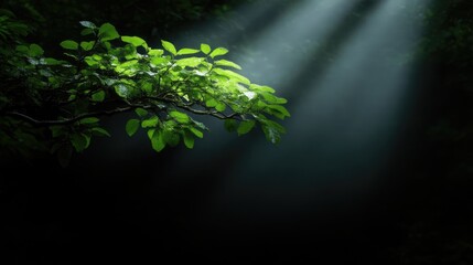 Fototapeta premium Lush foliage bathed in sunlight filtering through a dense forest canopy. A vibrant branch with fresh green leaves emerges from the gloom, highlighted by beams of light