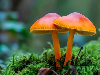 Fototapeta premium Two Orange Mushrooms Growing on Mossy Forest Floor in Autumn
