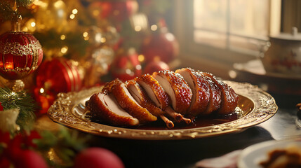 Roasted duck sliced on a golden platter, Christmas setting.