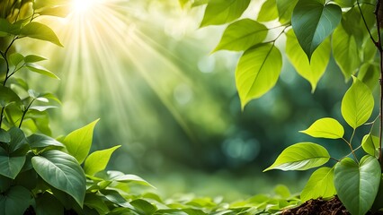 Obraz premium Sunbeams illuminate vibrant green foliage a tranquil natural setting.