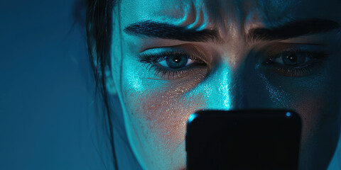 The woman stares into the screen of her phone and cries. Treason, love correspondence, evidence of betrayal found. Infidelity.