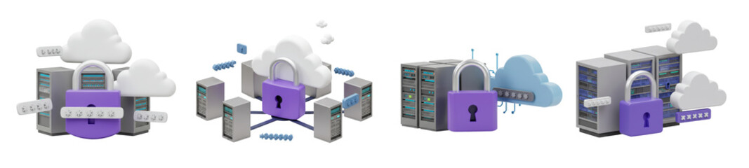 Set Of 3D Server With padlock, safe server concept Cyber security concept, information security and encryption, secure access to user's personal information, secure Internet access, cybersecurity. PNG