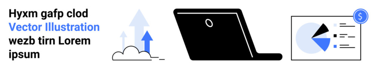 Cloud growth arrows, a laptop, and a financial analytics chart with currency. Ideal for business growth, technology, finance, progress, analytics, innovation simple landing page