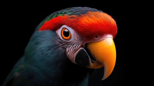 Close-up portrait of a colorful parrot head.  Vibrant plumage, featuring a striking combination of teal, emerald, red, and orange hues.  Intense eye contact, detailed beak and facial features.  