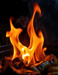 Naklejka premium Close-up of flames engulfing grilling food, producing smoky aroma, sizzling, wood