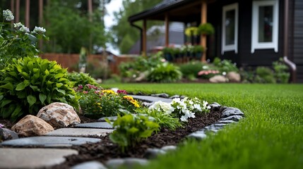 Lush Green Lawn with Stone Pathway and Colorful Flowers