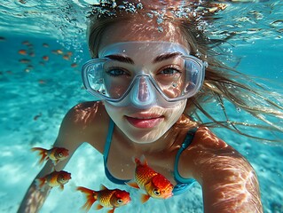 Naklejka premium Underwater Woman Snorkeling, Tropical Fish