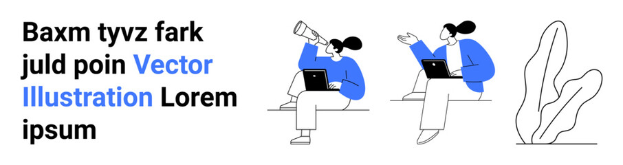 Two people with laptops, one looking through a telescope, and a decorative plant. Ideal for remote work, teamwork, innovation, exploration, creativity, casual design simple landing page