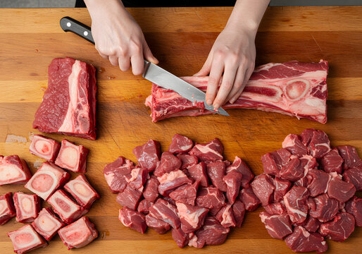 Top-Down View of Butcher Skillfully Cutting Beef - Powered by Adobe
