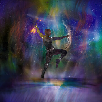 abstract Orion Constellation illustration art. magical glowing neon effect with abstract starry night sky technology background and Concept of NFT technology. 
