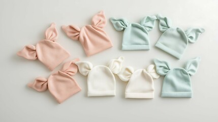 Cute baby hats in pastel colors, featuring playful ear designs, arranged neatly on a light surface for a charming, whimsical look. cute baby clothing items