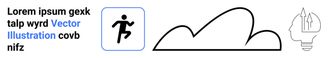 Human running figure icon, cloud shape, and abstract head design with rocket symbol. Ideal for motivation, goal setting, technology, creativity, innovation, productivity cloud computing simple