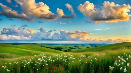 A picturesque landscape rolling green hills, dotted wildflowers, under a vibrant sunset sky.