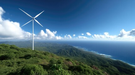 Wind turbine atop a lush tropical mountain overlooking the ocean
