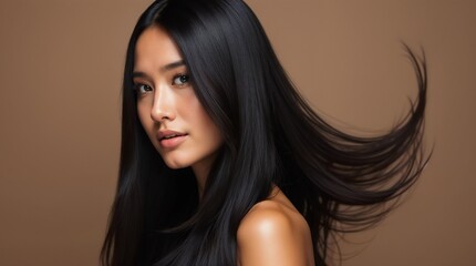 Naklejka premium Portrait of a woman displaying vibrant and smooth black hair, presenting elegance and confidence on a warm brown backdrop, symbolizing beauty, care, and style.