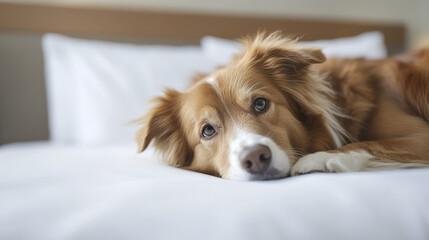 therapy dog resting on bed with gentle expression
