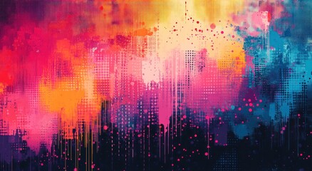 Vibrant Abstract Painting Featuring Colorful Splashes and Geometric Patterns