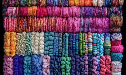 Colorful Yarn Collection Displayed in Neat Rows for Knitting Projects