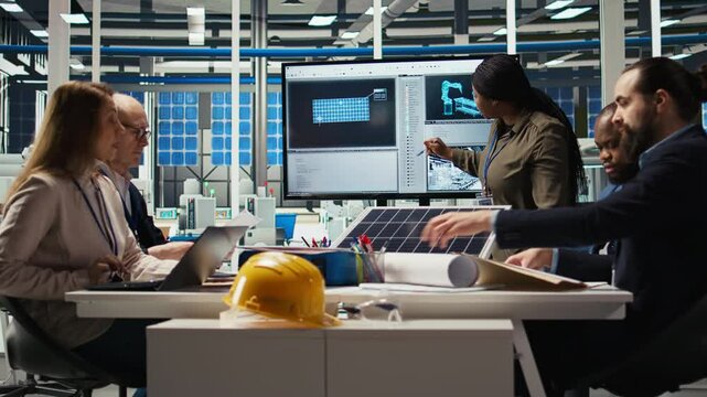 Engineering team in photovoltaics plant improving solar cells efficiency. Solar panels factory research and development department staff members working on clean energy solutions, camera A
