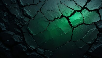 Close up view of cracked earth with a green glow emanating from the fissures in the ground