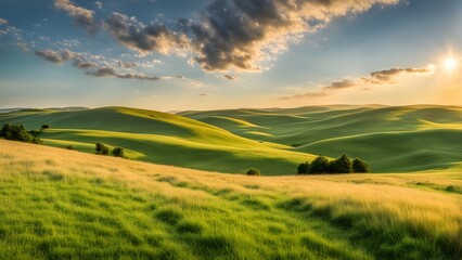 Fototapeta premium Golden hour illuminates gentle rolling green hills under a partly cloudy sky.