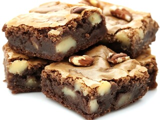 Delicious brownie squares with nuts and cream, presented on a white base