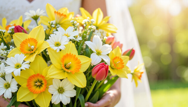 Vibrant spring bouquet with tulips and daffodils in sunny garden, celebration, Bridal bouquet, Spring Wedding Expo