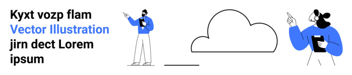 Two people exploring digital connectivity with cloud elements, emphasizing technology and collaboration. Ideal for cloud computing, networking, teamwork, innovation, data sharing, remote work, simple