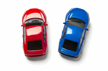 Red And Blue Toy Cars Overhead View On White Backgrounds and Details. An Overhead Shot. Playful Cars. Mini Vehicles. Colorful Toys. Transportation. Children's Toys. Miniature