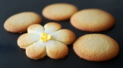 Obraz premium Delicious Flower Shaped Cookies on Dark Background