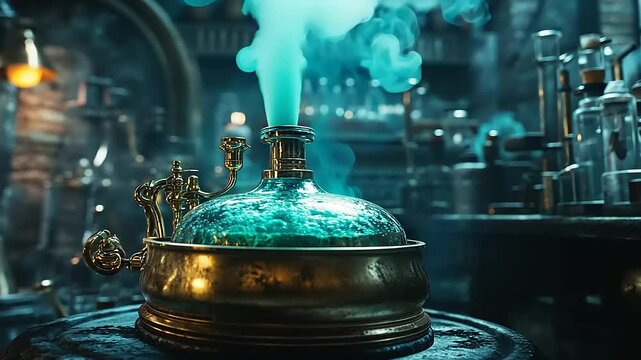 A vintage laboratory with bubbling potion and steam, showcasing glassware and mysterious ambiance