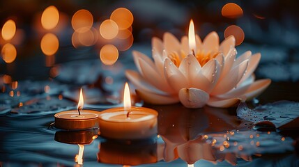 Serene water lily surrounded by glowing candles, creating a tranquil atmosphere at dusk